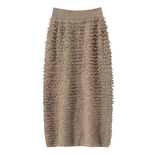 Women Elastic Waist Wool Skirts High Waist Tassels Vintage Office Business Slim Skirt 1 S