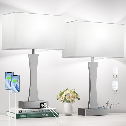 Seealle Bedside Lamps for Night Stands - 3 Way Dimmable Table Lamp for Bedroom with USB C+A...