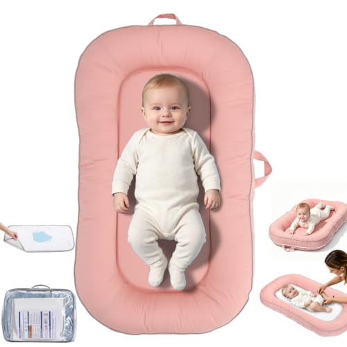 Vervebaby Baby Lounger 0-24 Months with Diaper Changing Pad,Organic Cotton Infant Lounger for Home and Travel,Breathable Baby Nest Bionic Design & 3D Support Newborn Babies Essentials Gifts(Pink)
