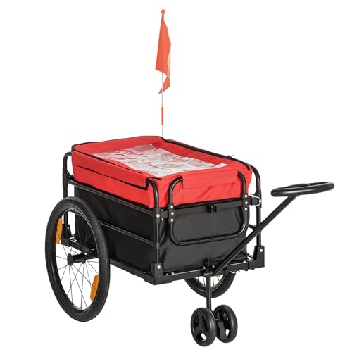 HOMCOM 2 en 1 Remolque de Bicicleta para Carga 40 kg Carro de Mano con Bandera Mango de Empuje Desmontable Marco de Acero y Reflectores 130x64x103 cm Negro y Rojo