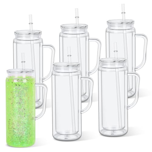 20 Oz 6 Pack Acrylic Snowglobe Tumbler With Handle, Snow Globe Cups with Pre Drilled Hole, Double Wall Plastic Cup With Handle for Snow Globe Glitter DIY (Clear)