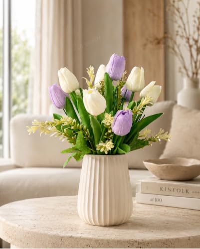 Image of Divyakosh Artificial Flowers Bunch (Vase Not Included). Artificial Flower for Vase Flower Bouquet Gift, 8 Artificial Tulips, 5 Ivory White & 3 Soft Lavender, Home Decor for Living Room