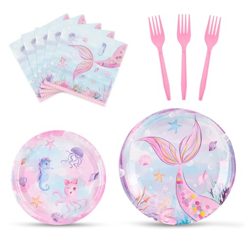 Wernnsai 64 Pcs Mermaid Party Supplies Set Mermaid Party Decorations Disposable Mermaid Party Tableware Sets Includes Party Plates Napkins Forks thumb #1