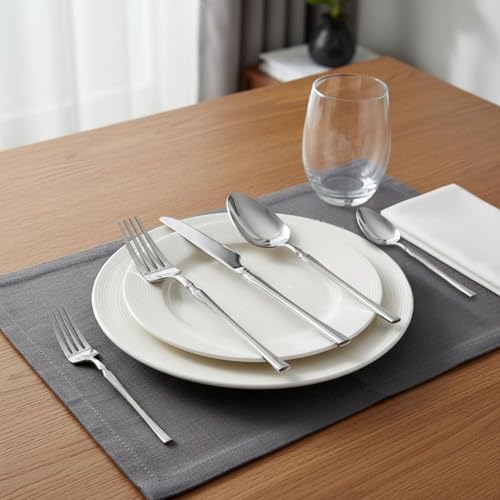Image of 5 Pcs Silver Cutlery Set for Dining Table the Perfect Lightweight Silim Handle Tableware Including Dinner Spoon, Dinner Fork, Dinner Knife, Dessert Spoon & Dessert Fork