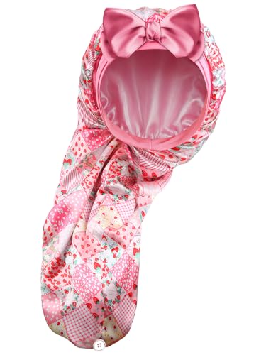 Vettres Extra Large Satin Bonnet for Braids & Locs, No Slip Tie Band Stays On All Night, Silky Sleep Cap Won’t Flatten Hair Pink Strawberry