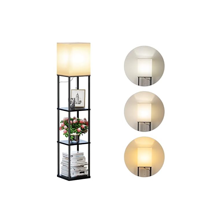 SUNMORY Floor Lamp with Shelves, Modern Square Standing Lamp with 3 Color Temperature Bulb, Corner Display Bookshelf Lamp for Living Room and Bedroom(Black)