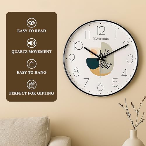 Image of Auromin Glass Wall Clock for Living Room Decor | Antique Stylish Fancy Decorative Large Wall Watch for Bedroom, Office, Kitchen, Dining Room, Hall & Home Decoration (Black Leaf, 40)