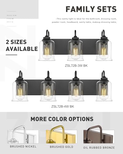 Image of zeyu Modern Bathroom Light Fixtures, 4 Light Vanity Lighting, 28.5 inch Bathroom Mirror Wall Light, Matte Black Finish with Clear Glass Shade, ZSL72B-4W BK