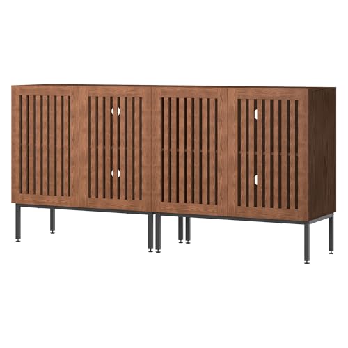 RIBECH 63" Farmhouse TV Stand for TVs up to 70 Inch, Entertainment Center with Metal Base & Adjustable Shelves, 3 in 1 TV Console with 6 Doors, Wood Storage Cabinet for Living Room, Brown