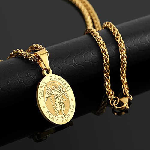 P. BLAKE Gold Plated St.Raphael Medal Necklace for Men Stainless Steel Catholic Saint Raphael Archangel Pendant Chain by P. BLAKE - Image 4