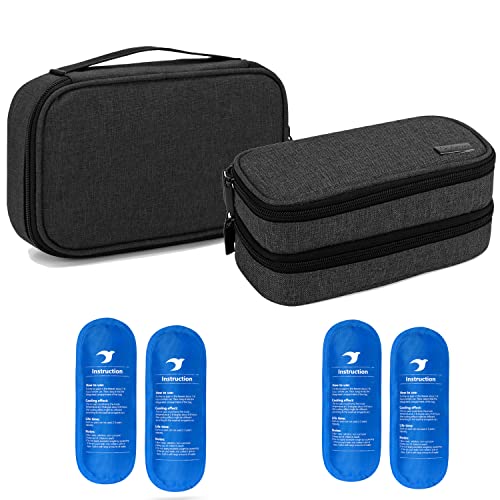 YARWO Insulin Cooler Travel Case with 4 Ice Packs, Single and Double Layers Diabetic Supplies Organizer for Insulin Pens, Blood Glucose Monitors or Other Diabetes Care Accessories, Black
