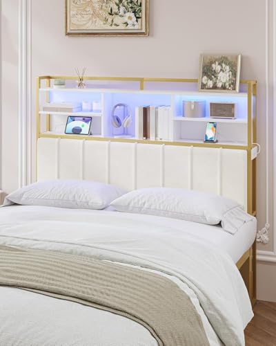 Hzuaneri Headboard with 3-Tier Storage Shelves, Velvet Upholstered Head Board with 2 Outlets, USB Ports & LED Light, Soft Backrest for Queen Size Bed, White and Gold BH15203AV1