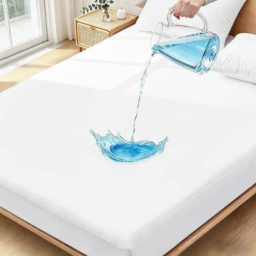 King Size Mattress Protector Waterproof- Washable Mattress Cover Fitted Bed Pad Noiseless Plastic Protection Up to 18 Mattress Protector Soft&BreathableWhite