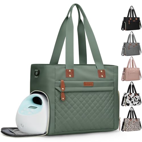 Image of Pritent Diaper Bag Tote for Working Mom, Large Travel Diaper Tote for Mom and Dad with 14 Inch Laptop Sleeve, Mommy Maternity Travel Baby Bag for Boys and Girls, Green