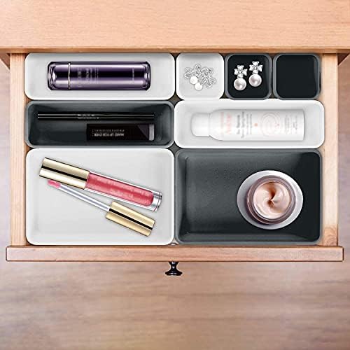 YORKING 8Pcs Desk Drawer Organiser Trays Interlocking Drawer Organiser Set Makeup Organiser 3-Size Dividers Versatile Storage Boxes for Closet Storage Socks Bras Ties Scarves Boxes White