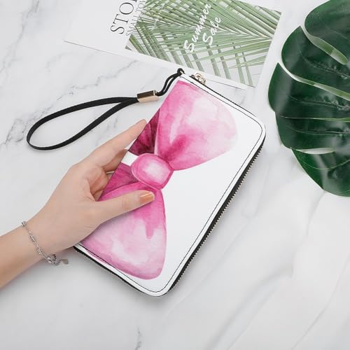 Cute Watercolor Pink Bow PU Leather Clutch Long Bifold Wallet, Coin Purse Credit Pass Case, Durable Card-Holder Money Storage for Women Men4