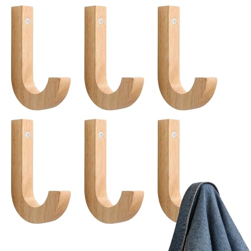 Rylae Sechs Hölzerne Garderobenhaken, Wandhaken aus Massivem Gummibaumholz, J-Förmige Wandhaken, Verschraubt, Handpoliert, Schrauben Inklusive, Geeignet für Wohnzimmer, Schlafzimmer und Küche