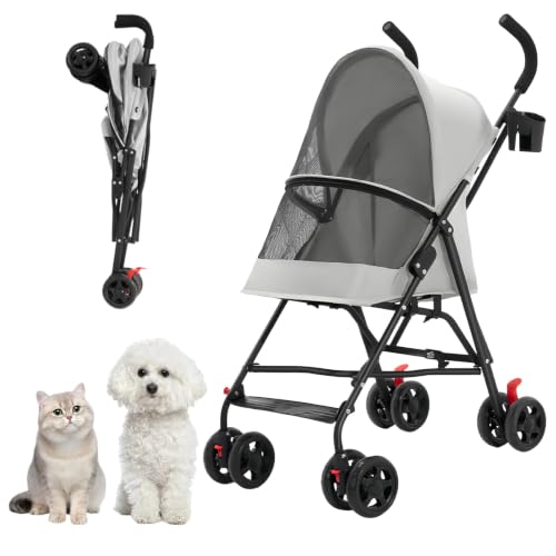 CYUmail Cat Stroller Foldable Lightweight for Small Dogs Cats 0-15 lbs,Gray