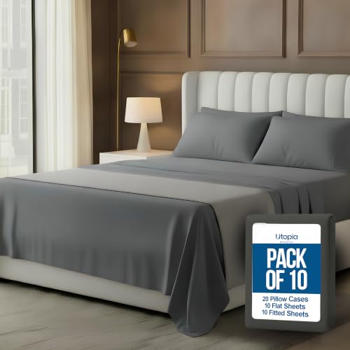 Image of 10-Pack Full Size Hotel Sheet Set, Soft Brushed Microfiber Commercial Sheets, Resort Quality Bedding, Deep Pocket, Shrink & Fade Resistant, Easy Care, Grey