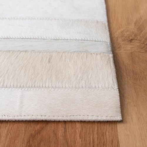 Image of Premium Cowhide Leather Striped Rug, Hand Made Area Rug, Artisan-Crafted Non Slip Floor Accent for Dining Room, Living Room Rug, Color: Beige /White, Size: 6X9 ft