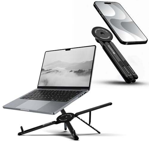 Image of Amkette Ergo Fold Pro 4 in 1 Laptop Stand Metal for Phone, Tablet & Laptop, 8 Level Foldable Aluminium Laptop Stand with MagSafe Mount, 180 Rotating Design, Adjustable Viewing, Anti Slip Grip Black