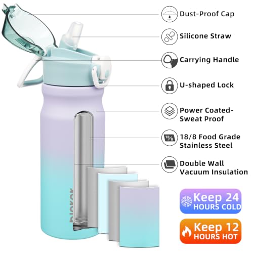 Image of BJPKPK 18 oz Water Bottle with Straw & Handle, Insulated Stainless Flask | Leak Proof Locking Lid, Thermal, Double Wall Vacuum, Keeps Hot /Cold, Dishwasher Safe, Travel & Sports, Lavender Green