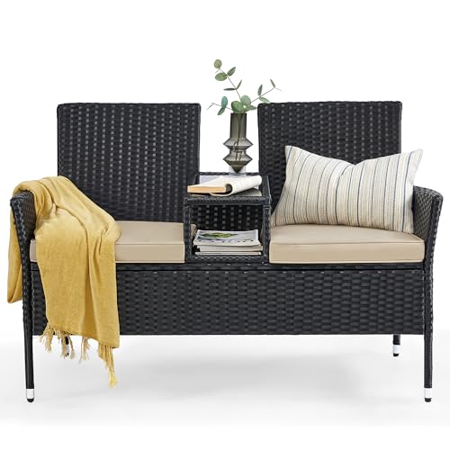 SONGMICS - SONGMICS Patio Furniture, PE Rattan Garden Loveseat, Armchair with Table, Sofa, Outdoor Garden Furniture, with Cushions, for Terrace, Balcony, Black and Taupe UGGF022B02 - -20%