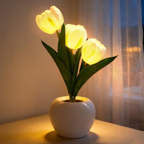 Dongcill Lampe de Table Tulipe avec Vase,Céramique Led Lampe de Table,Veilleuse Tulipe,Veilleuse en Forme de Tulipe,pour Table à Manger, Chambre à...