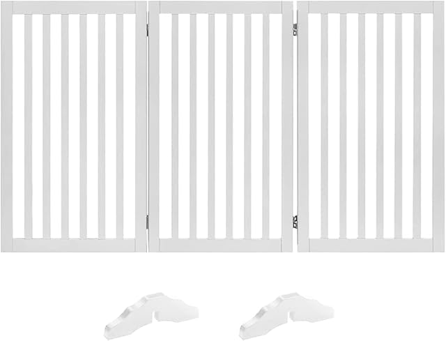 Rungao 152x91cm 36" Tall Foldable Freestanding Pet Gate with 2Pcs Support Feet for Dogs, 3 Panels Dog Gates Indoor Barrier for Doorway Stairs, Indoor Use Only,White