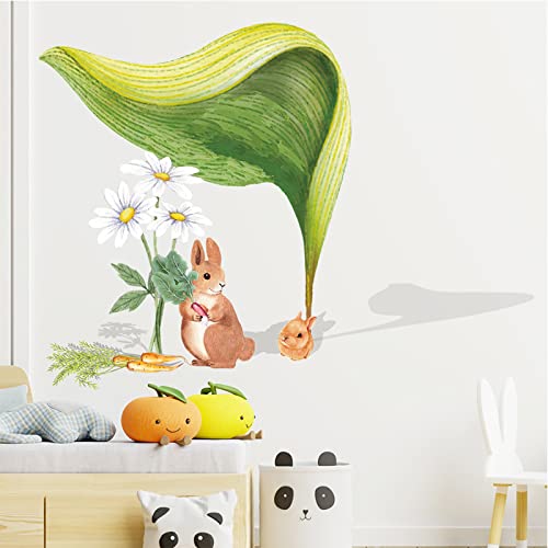 Bunny Big Leaf Wall Sticker Rabbits Flowers Peel And Stick Wall Art Decals Lovely Animals Window Sticker Decor For Living Room Kids Bedroom #TOP2