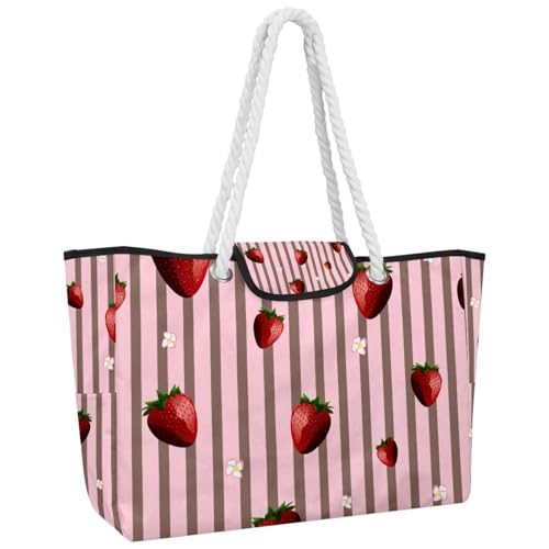 VAPOKF Bolso de mano grande para mujer, bolso de hombro con asa superior para viajes, trabajo, escuela, compras, fresa y flores en rayas, multicolor, 14.5x20.8x5.5in/37x53x14cm