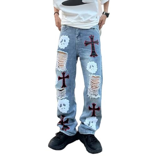 Baggy Jeans Men Grunge Distressed Cross Y2k Jeans Men Washed Ripped Skull Wide Leg Denim Pants Streetwear