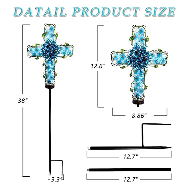 Solar Cross Garden Lights Outdoor Decorative - Solar Metal&Glass Cross Blue Hydrangea Flower Stake Lights- Waterproof 20 Warm White LED for Remembrance Gifts