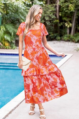 STYLEWORD Women's Summer Dresses 2026 Square Neck Short Sleeve Floral Casual Ruffled Tiered Maxi Dress(Orange Floral,XL) — view 6