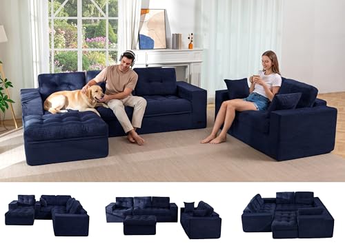 Image of MAXYOYO Modular Sectional Sofa with Ottoman and Loveseat, Cloud Boneless Couch with Layered Cushion, Flexible Module Combination Sofa for Living Room, No Assembly Required,Navy