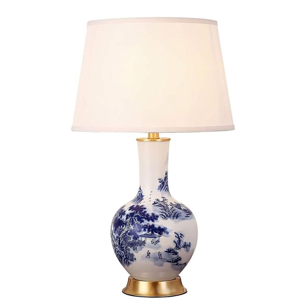 SANBDDLYY Elegant Blue and White Ceramic Table Lamp - Fabric Bedside Lighting for Bedroom, Study, and Living Room