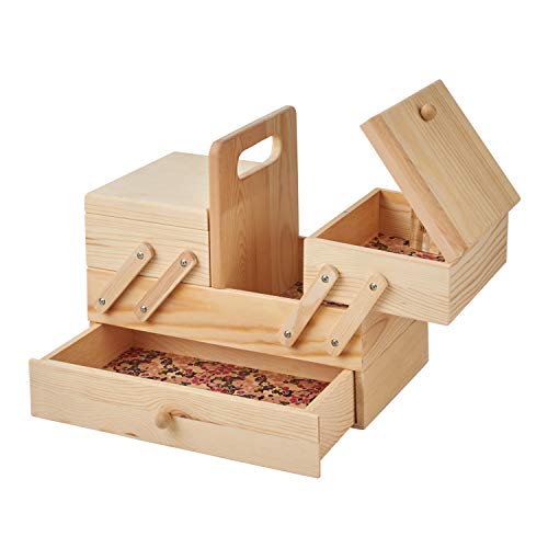 Sewing-Online Cantilever Nähaufbewahrungsbox aus Holz 29 x 17 x 24 cm Natural Light Pine mit Ditsy Floral Design Interior Cover