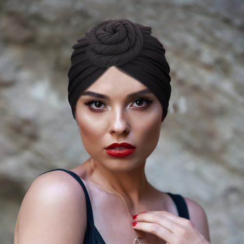 Image of DRESHOW 5 Pack Knotted Headwraps for Women African Turban Pre-Knotted Beanie Headwraps Hair Covers