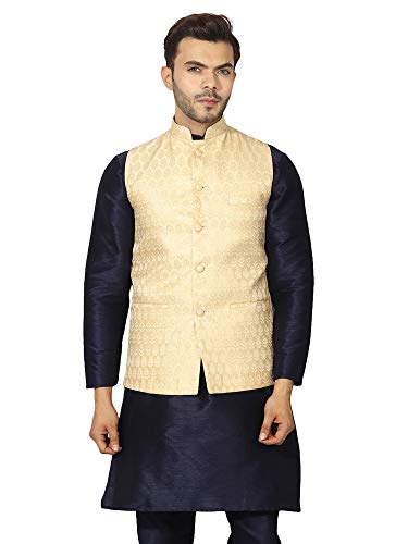 Image of Uri and MacKenzie Men's Silk Blend Regular Kurta Churidar Pyjama with Bundi Nehru Jacket /Waistcoat