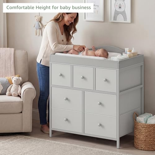 Image of BOLUO Changing Table Dresser with Storage, Baby Dresser with Changing Table Top Diaper Changing Station with 7 Fabric Drawers for Nursery Modern
