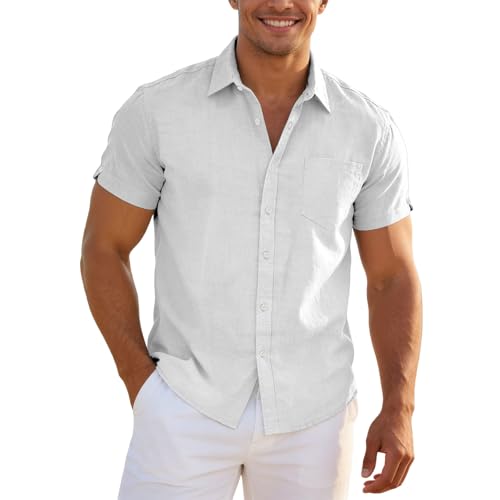 Generisch Camisa de lino de manga corta para hombre, aspecto playero con cuello clásico, camisa para hombre de mezcla de lino con corte relajado, camisa informal de verano para vacaciones y ocio