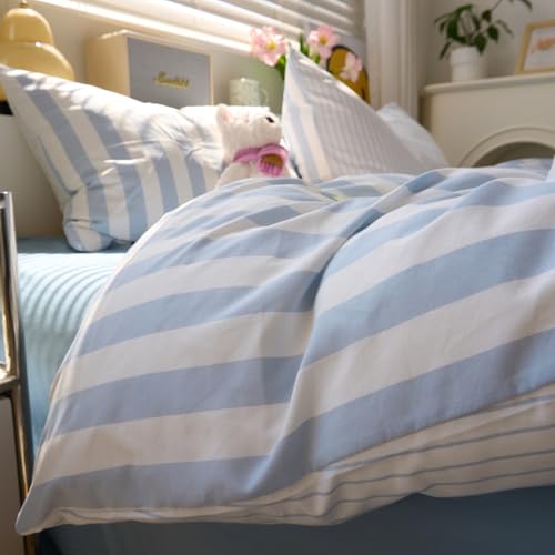 Image of Blue Striped Comforter Set Full Size, Vintage Blue White Stripes Pattern Printed Comforter with 2 Pillowcases, Breathable Soft Lightweight Bedding Comforter Boho Farmhouse Striped Comforter Set
