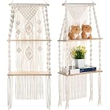 Barydat 2 Pack Macrame Wall Hanging Shelf 2 Tier Handmade Boho Hanging Wall Shelf Floating Woven Rope Decorative Storage Racks Holder Organizer for Home Bedroom Bathroom Plants, Beige (Retro)