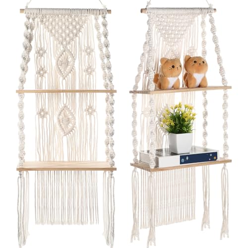 Barydat 2 Pack Macrame Wall Hanging Shelf 2 Tier Handmade Boho Hanging Wall Shelf Floating Woven Rope Decorative Storage Racks Holder Organizer for Home Bedroom Bathroom Plants Beige (Retro)