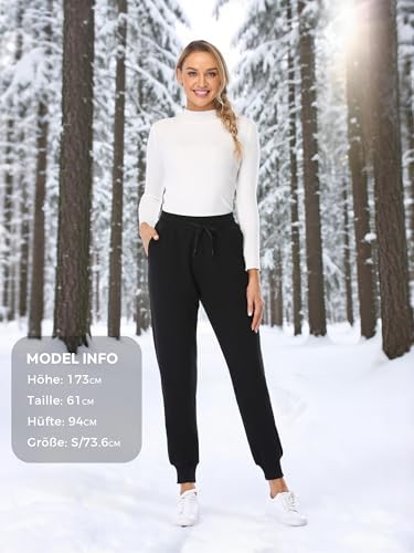 MOVE BEYOND Gefütterte Jogginghose Damen Warm Thermo Fleecehose Winter Verdickte Kuschelhose mit 2 Taschen Sherpa-Innenfutter Kordelzug Sweathose, Schwarz, M