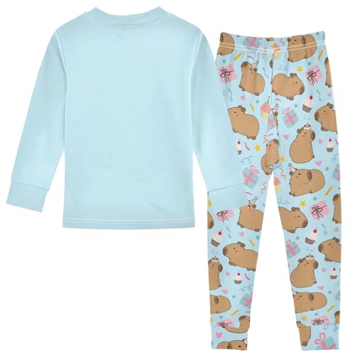 Cute Capybara Birthday Print Blue Cute Pajama Sets Long Sleeve Top and Pants, Snug Fit Sleepwear for Night Wears2