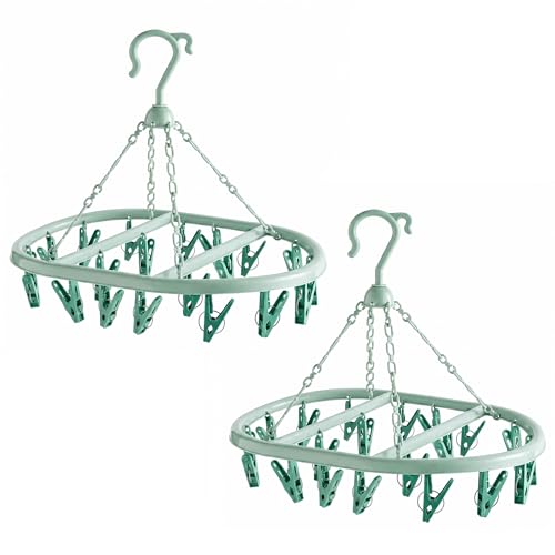 Lizzy 2 Pack 20 Peg Hanging Clothes Airer Circular Laundry Dryer Rack Plastic Sock Underwear Drying Hanger Windproof Indoor Outdoor Space Saving Clothes Drying Rack - Green
