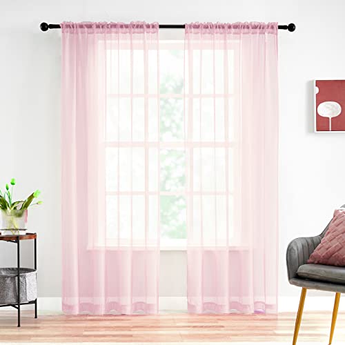 Image of Light Pink Sheer Curtains 63 Inch Length for Bedroom Living Room Kitchen 2 Panels Set Rod Pocket Pink Curtains for Girls Bedroom Light Filtering Sheer Window Treatment Drapes 52x63 Inches Long