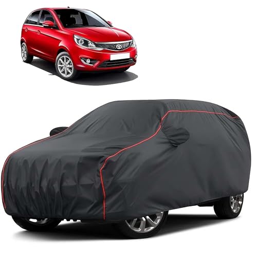 Image of Sulfar 100% Water Resistant Car Body Cover Compatible with Mirror for Tata Bolt (Triple Stitched, Full Bottom Elastic, Dark Grey Taffeta with Red Piping)