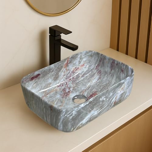Image of Artiva Ceramic Wash Basin /Tabletop Washbasin For Bathroom,12 inchx16 inch /Small Countetop Bathroom Basin /Table Top Basin For Home,Office,Hotel /Rectangle Glossy Sink (Oligrey-Marble,12x16 Inch)